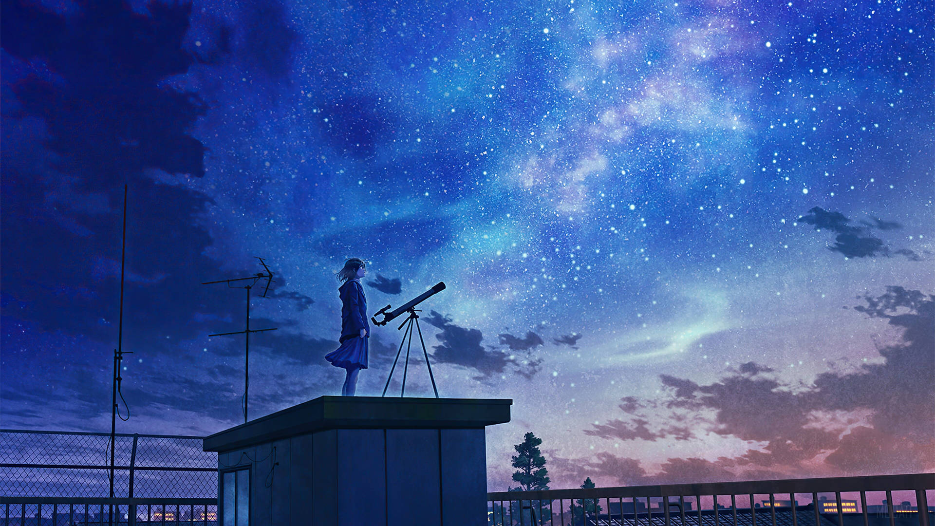 Animation Anime Girl Watching Stars With Telescope Background