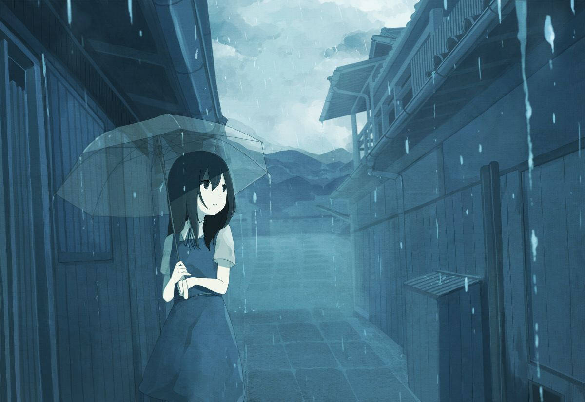 Animation Anime Girl With Umbrella Under Rain Background