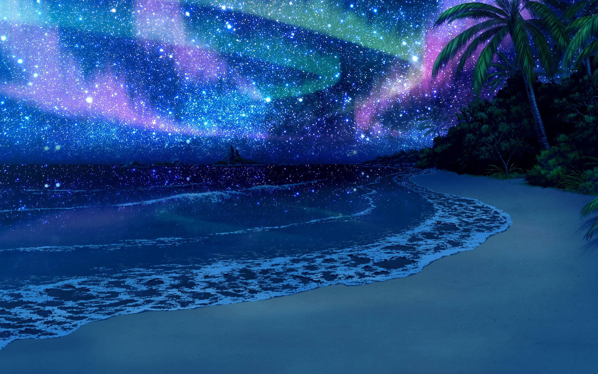 Animation Aurora Borealis Above Beach Background