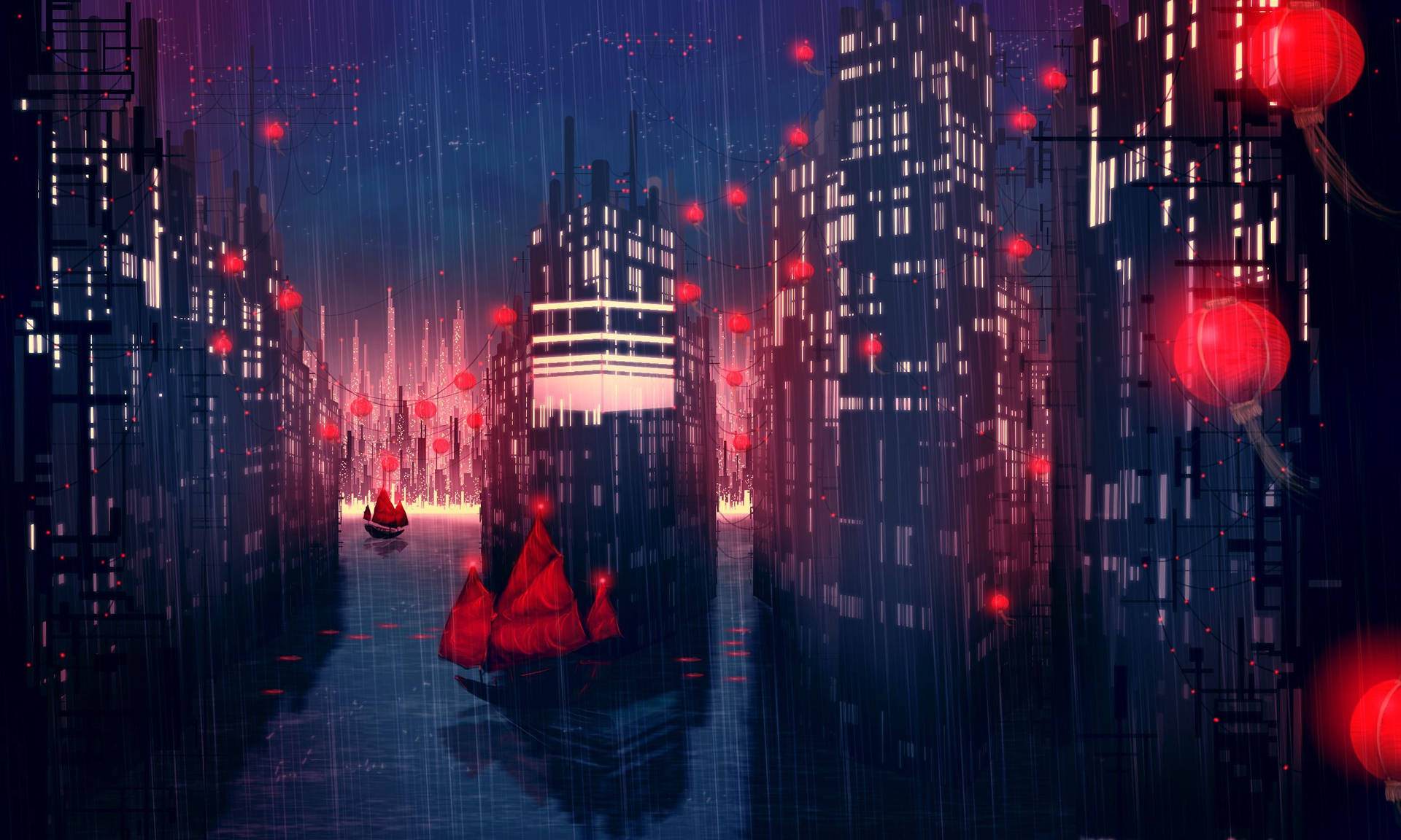 Animation Black And Red City With Boats Background