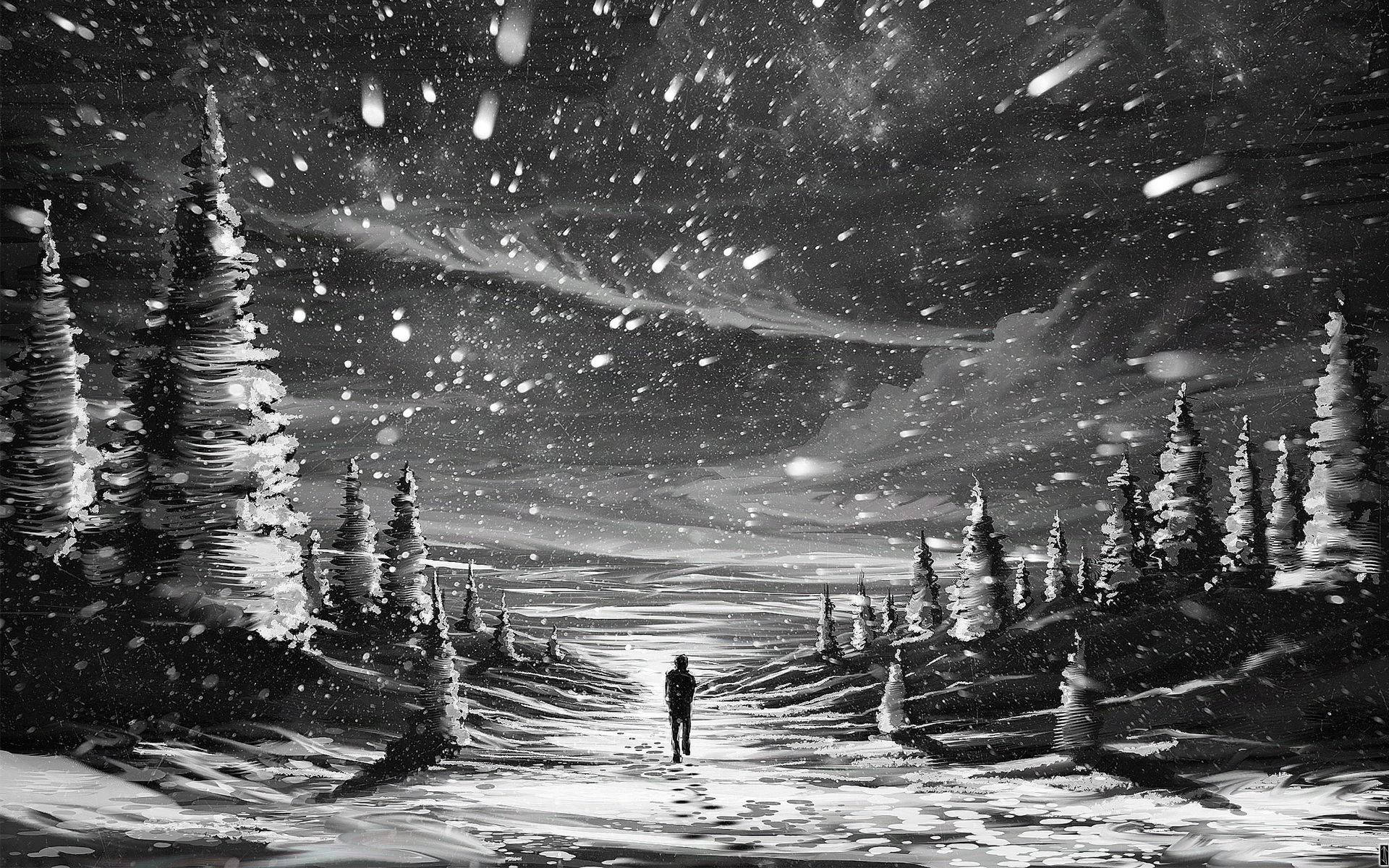 Animation Black And White Man In Snowy Forest