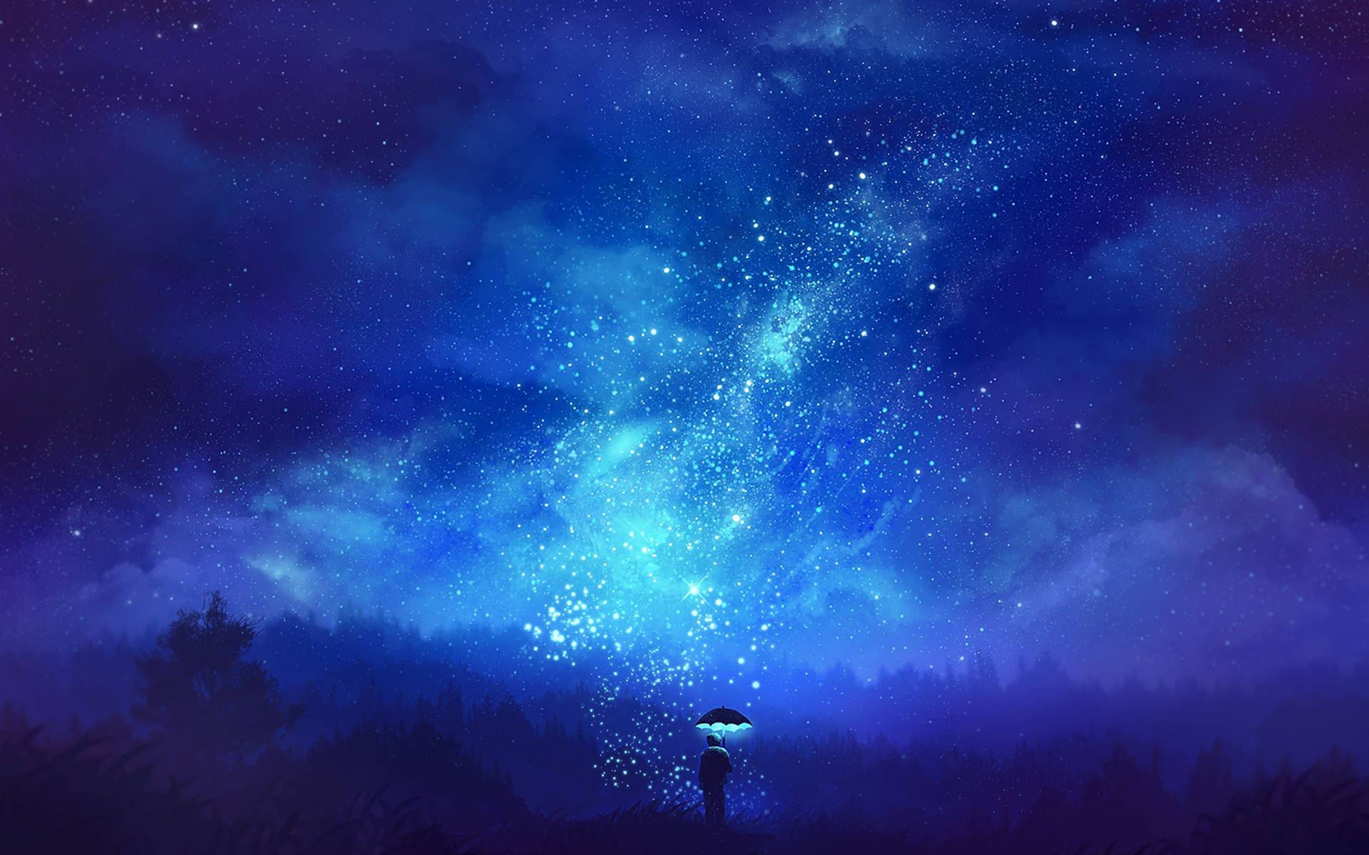 Animation Man Watching Blue Starry Sky Background