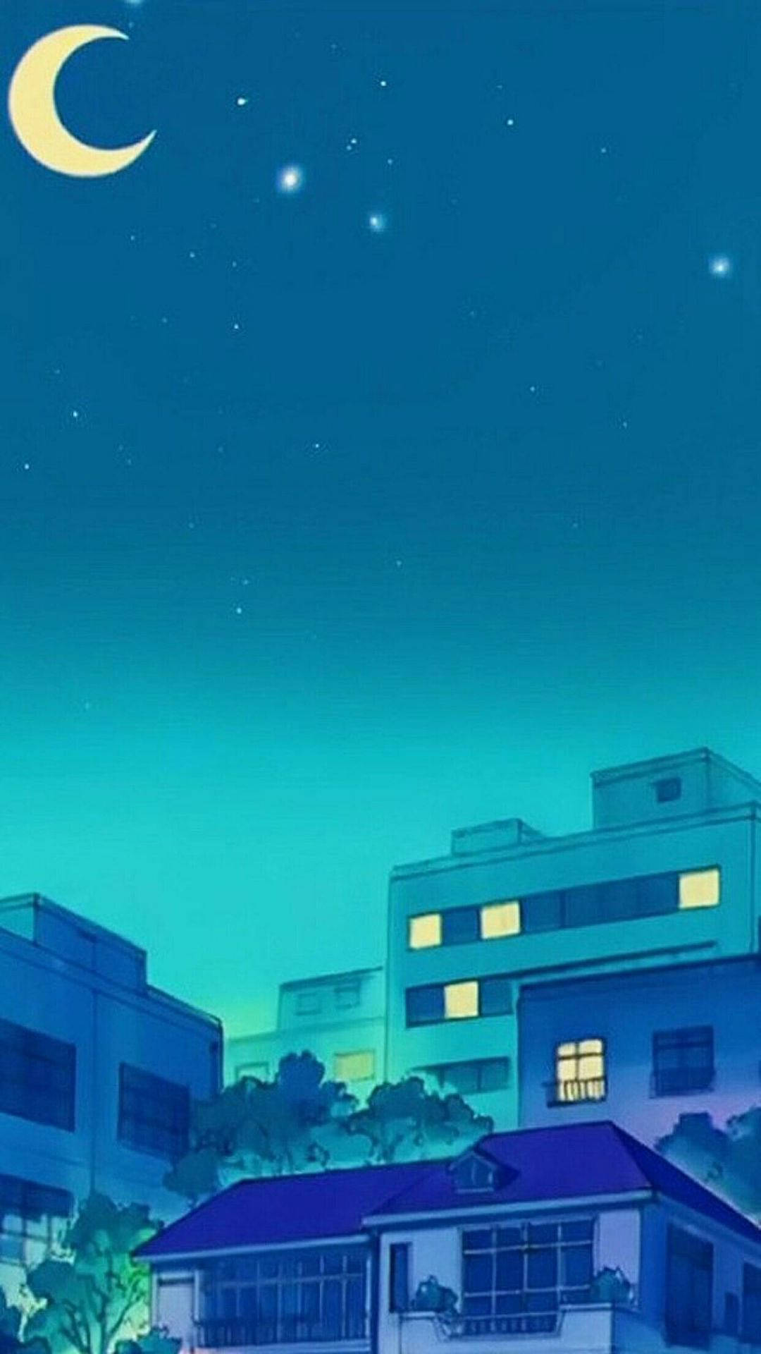 Animation Retro Anime Crescent Moon Above Houses Background