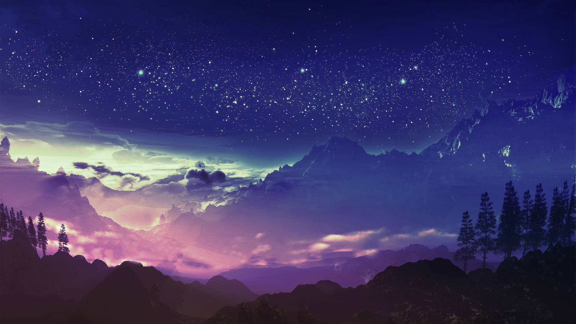 Animation Starry Sky Above Forest Background