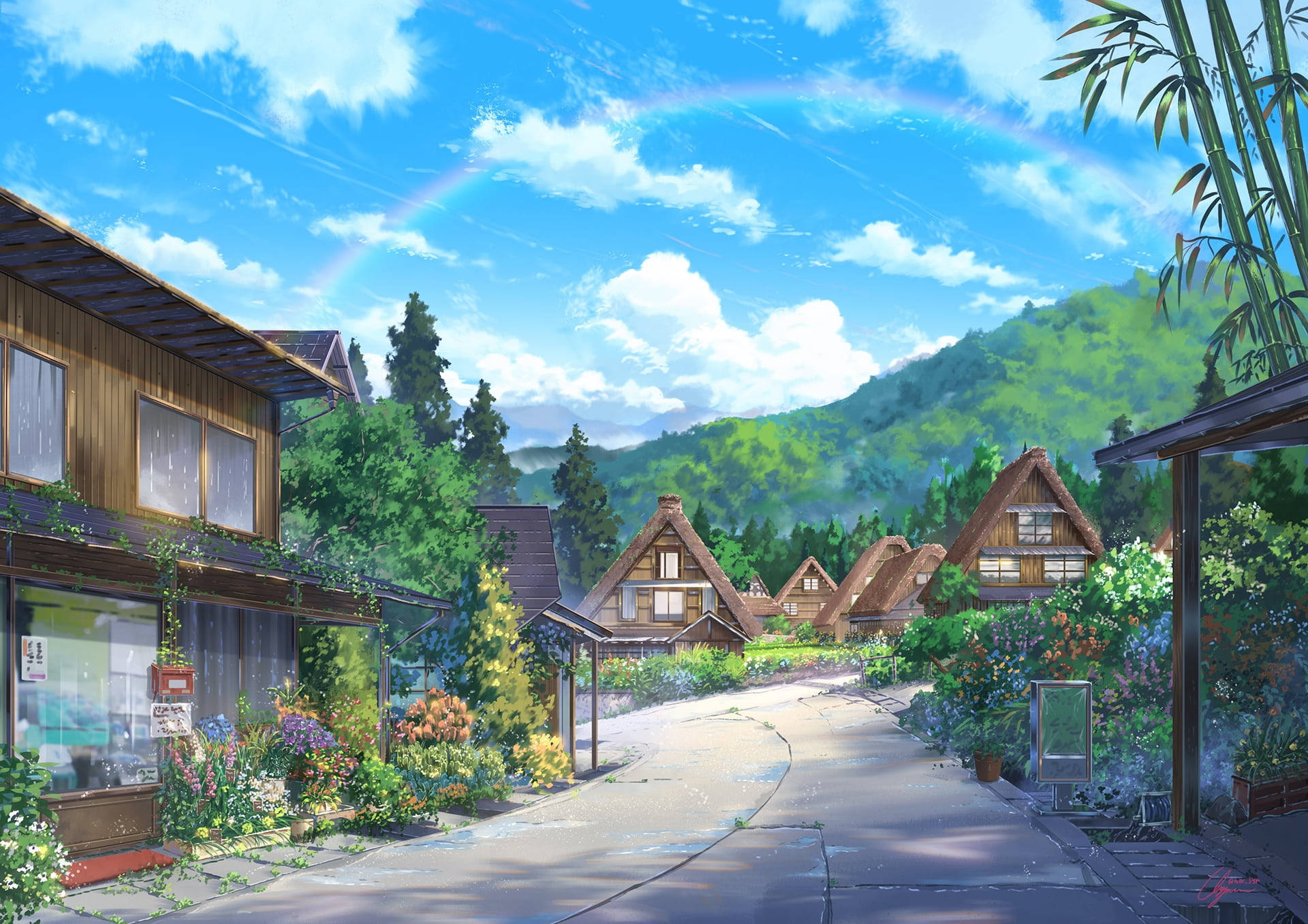 Animation Village With Wooden Houses Background