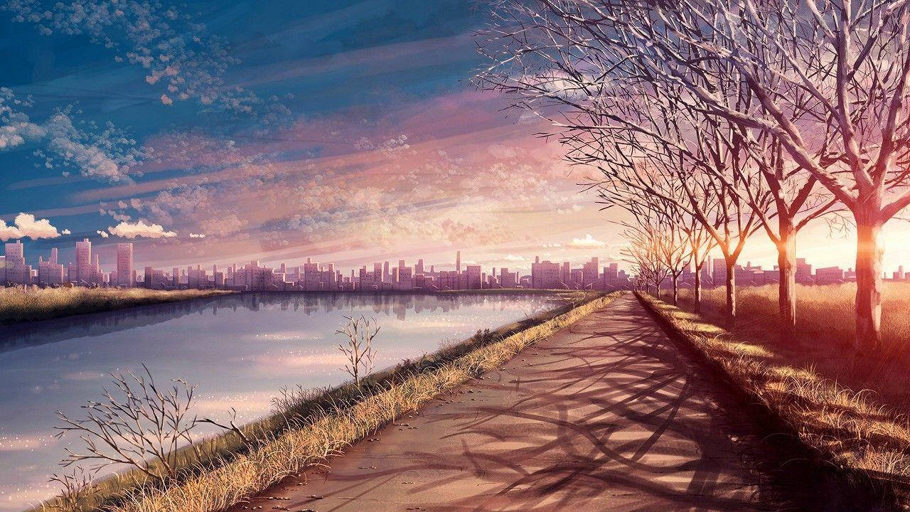 Anime Aesthetic Sunset And Lake Park Background