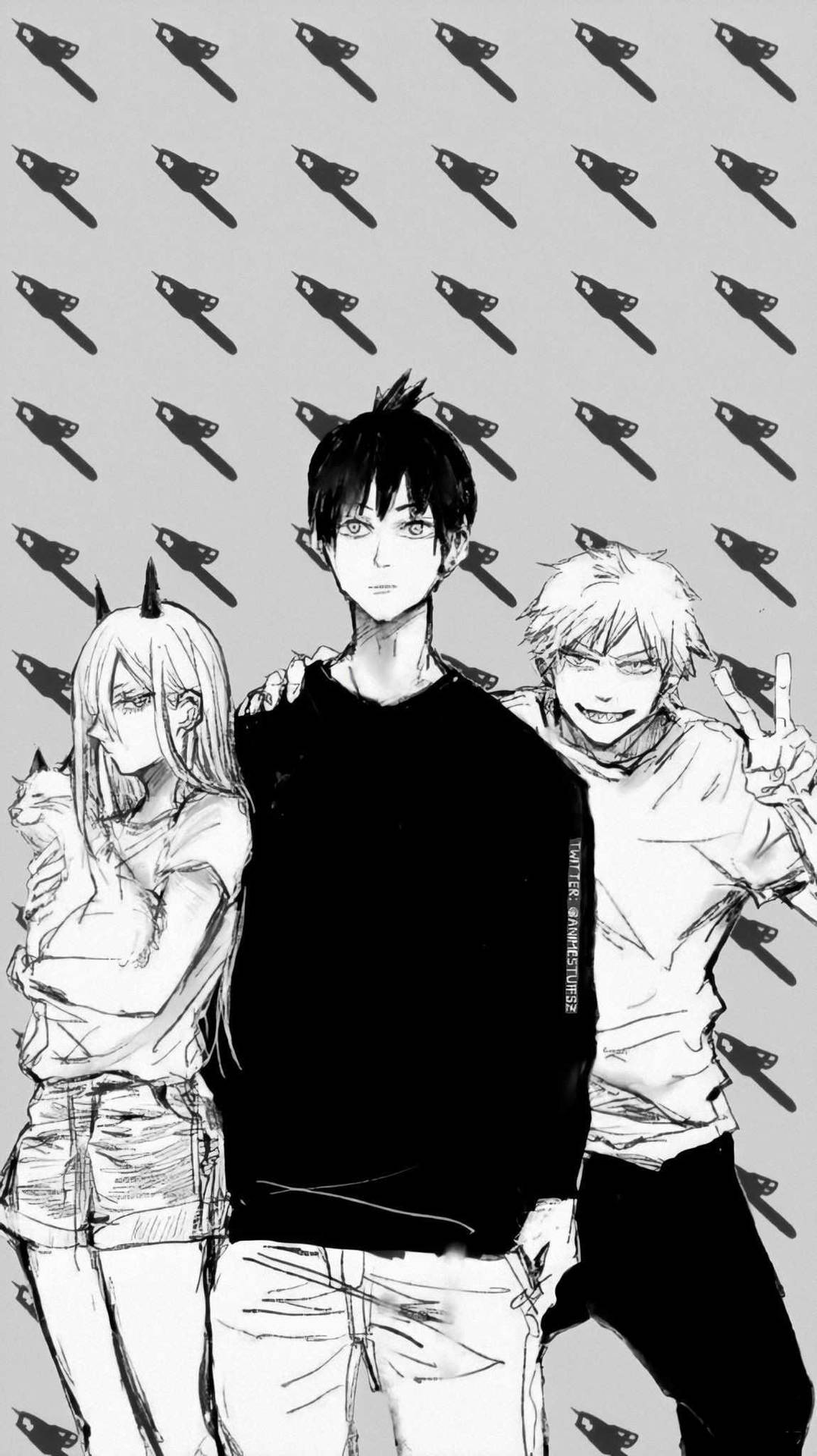 Anime Art Black And White Chainsaw Man Trio Phone