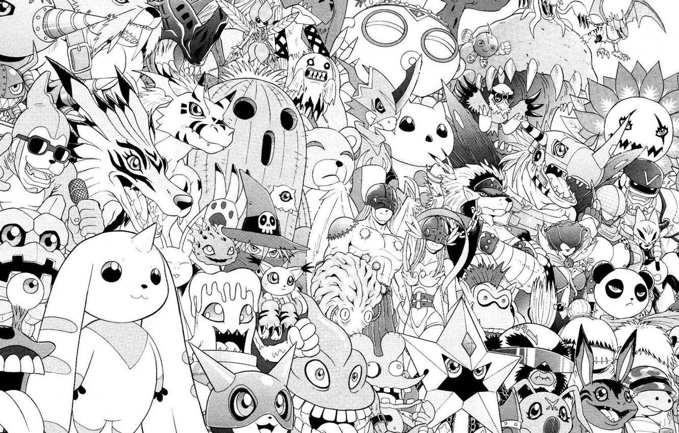 Anime Art Black And White Digimon Assemble Background