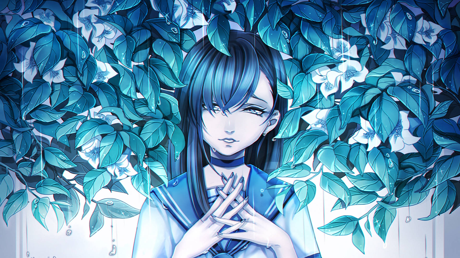 Anime Art Flowers Surrounding Girl Background