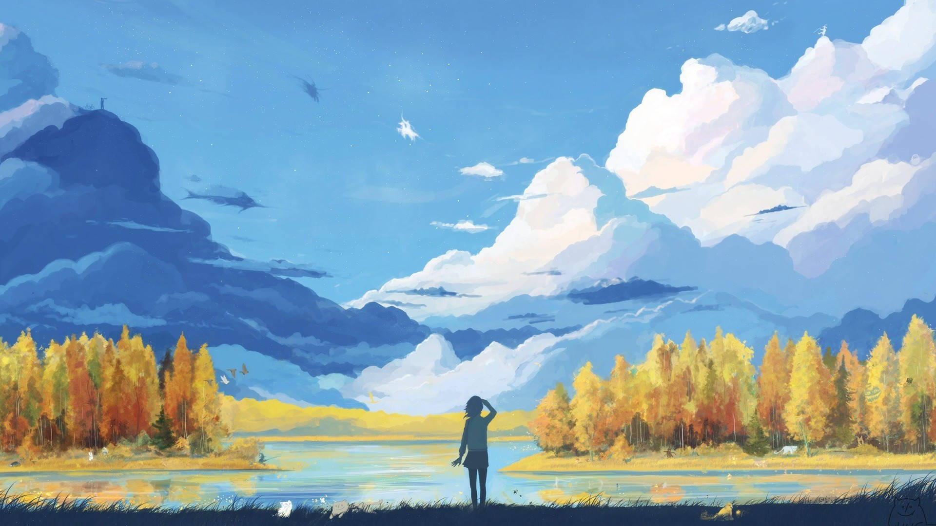 Anime Art Girl Looking Sky Background