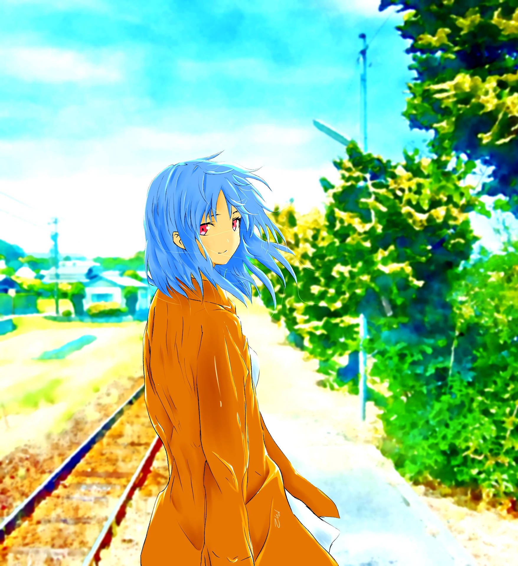 Anime Art Girl Near Railroad Background