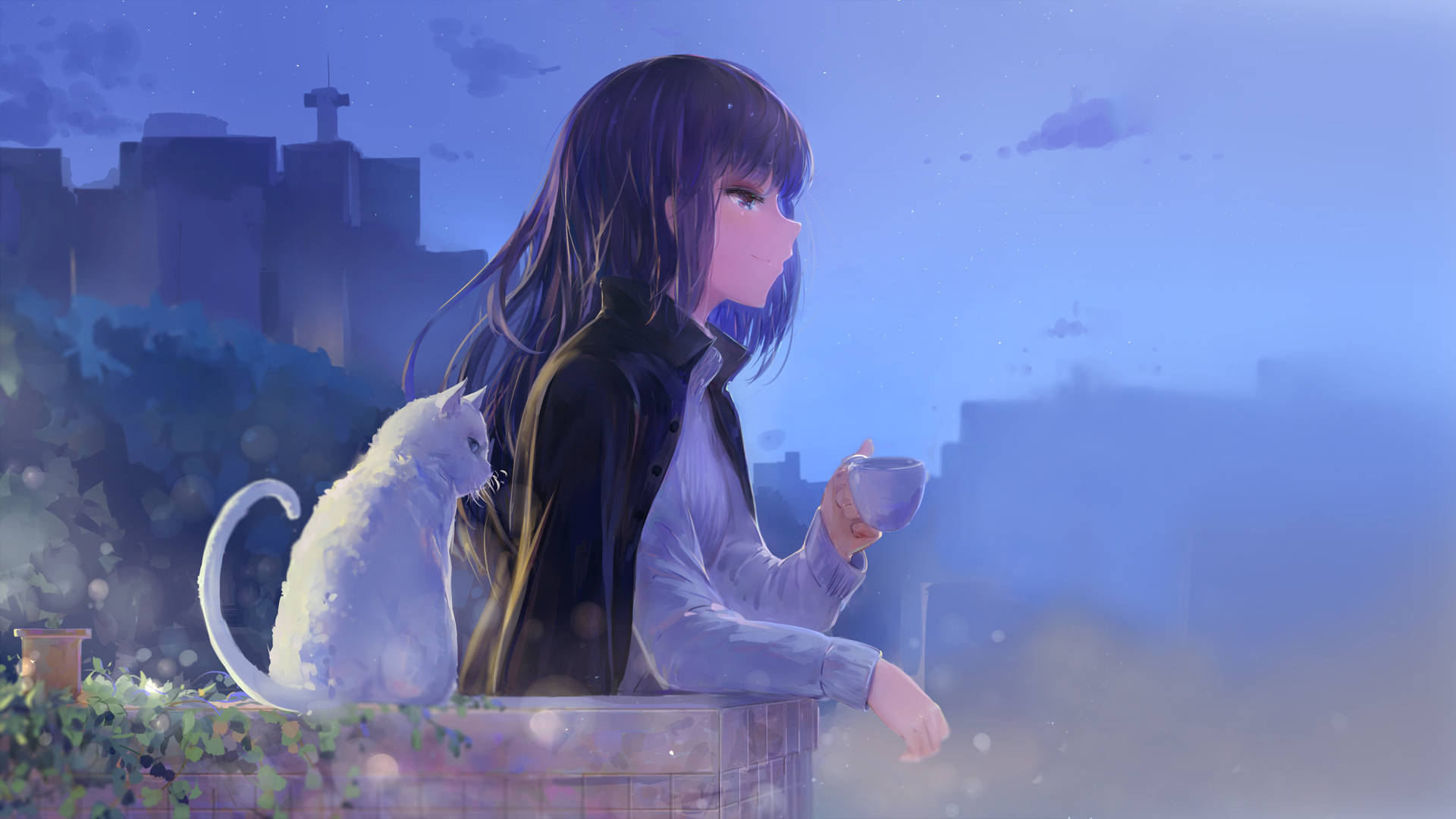 Anime Art Girl With Cat Background