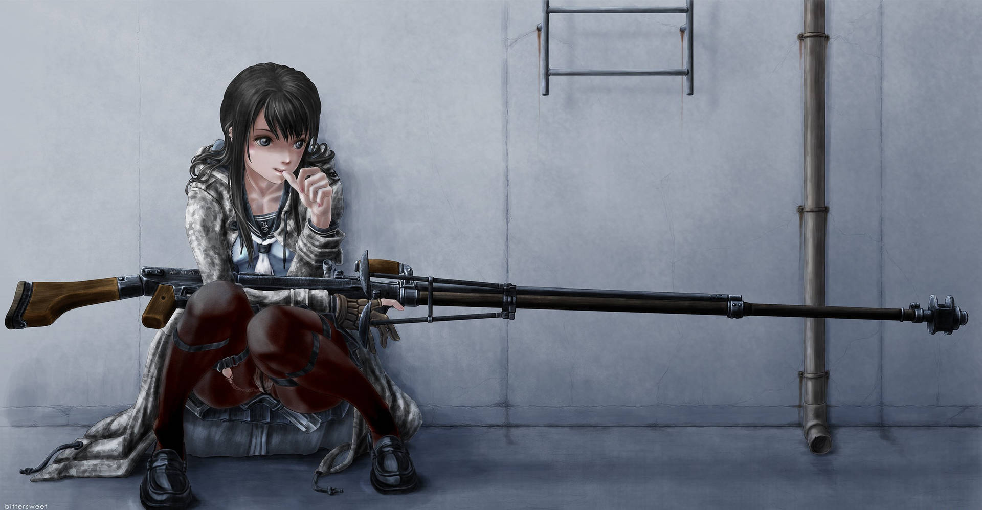 Anime Art Girl With Gun Background