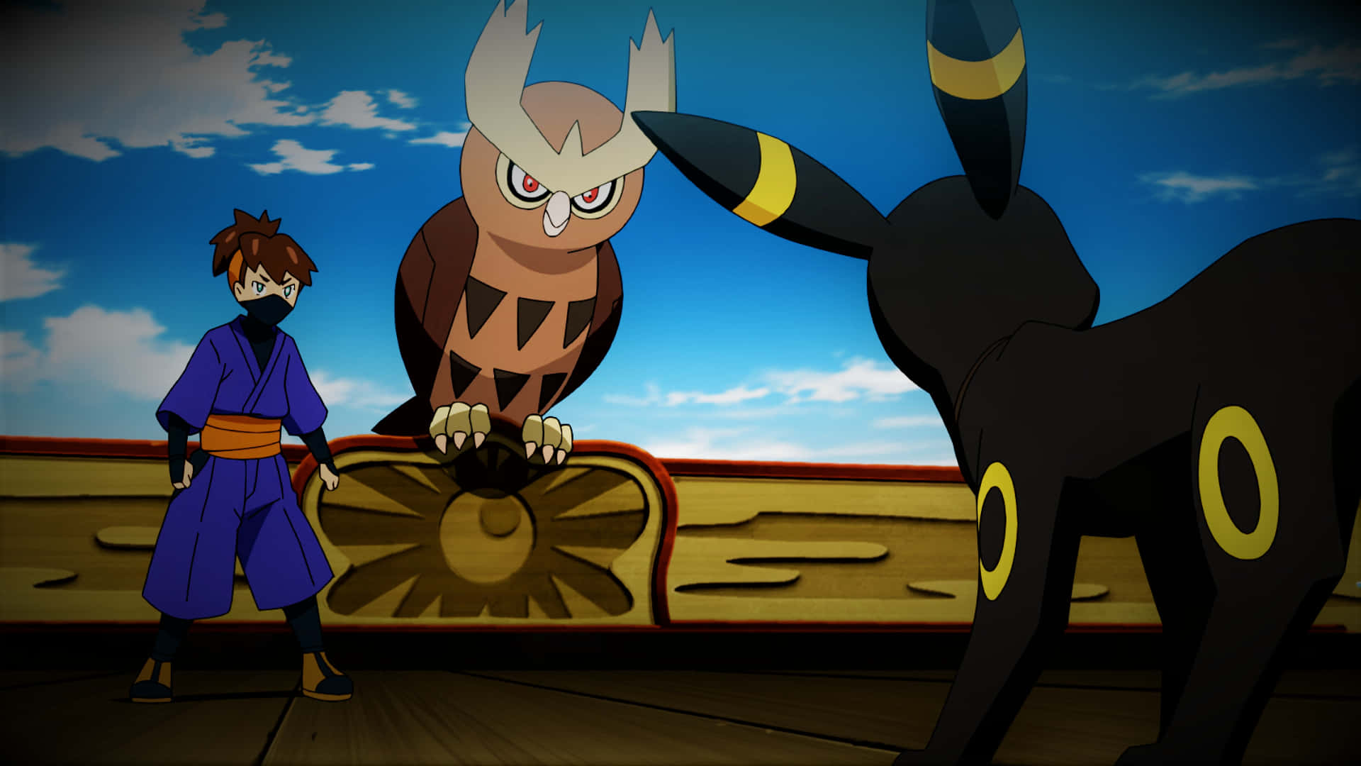 Anime Battle Noctowl Umbreon Trainer Background