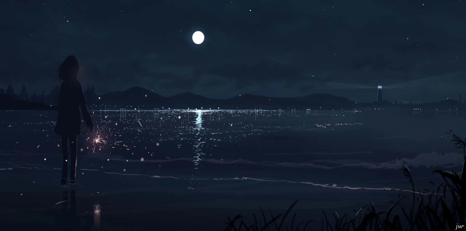Anime Beach Night Scenery Background
