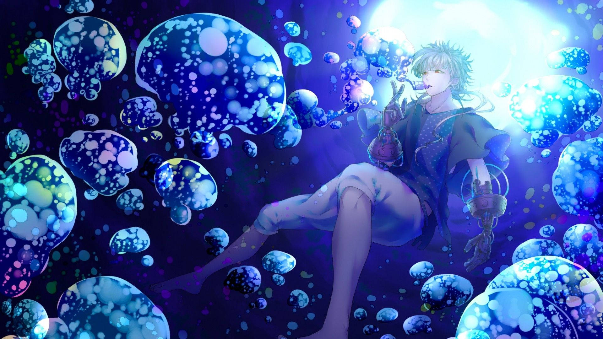 Anime Blue Boy Dipping Under The Sea Background