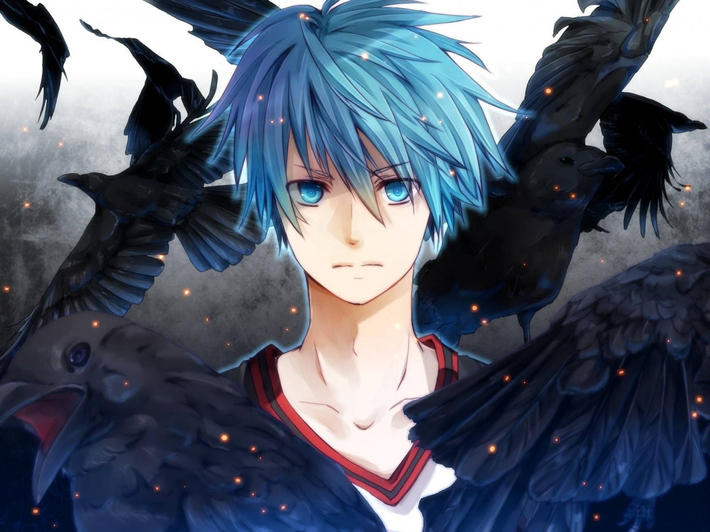 Anime Blue Boy Flocked With Black Hawks Background