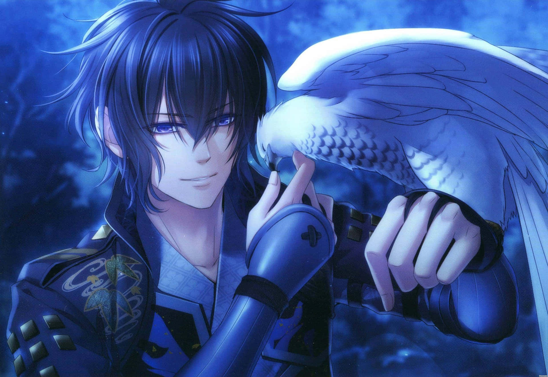 Anime Blue Boy Holding Bird