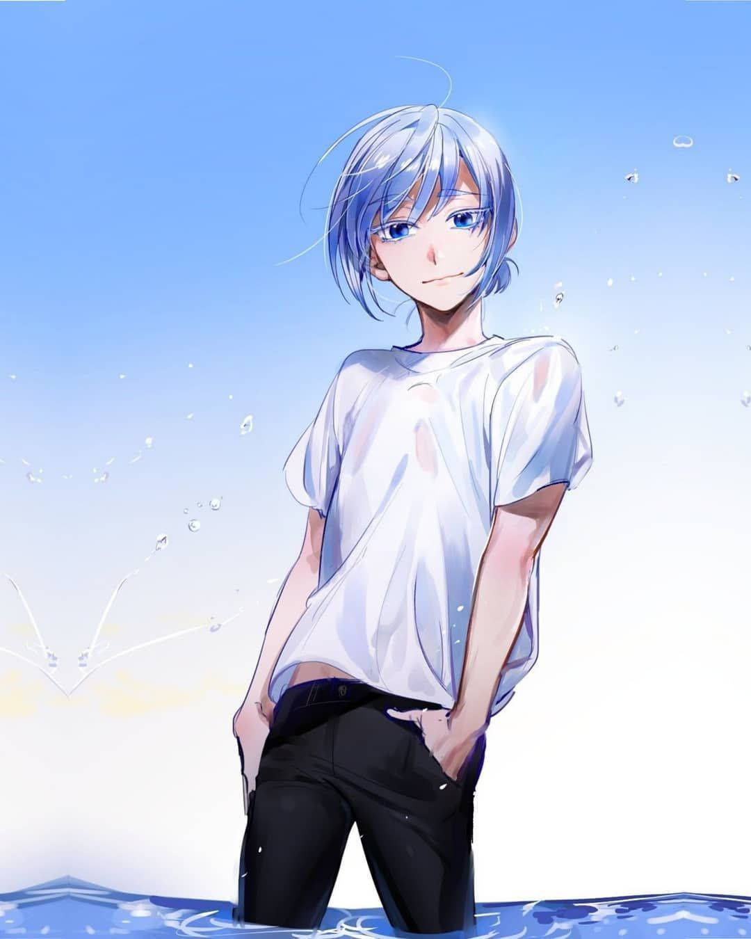 Anime Blue Boy In Knee Deep Water Background