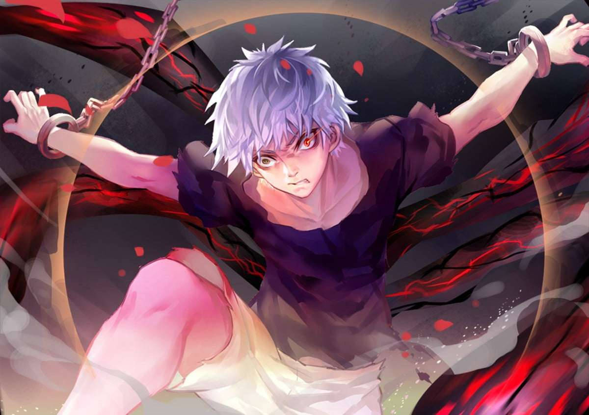 Anime Blue Boy Ken Kaneki Tied Up Background