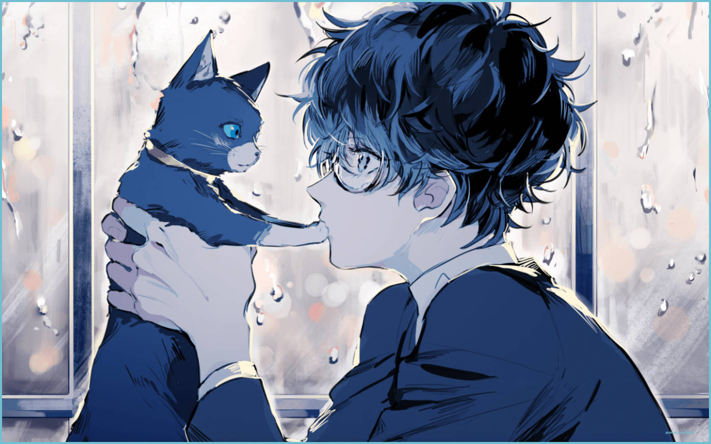 Anime Blue Boy Kissing A Cat Background