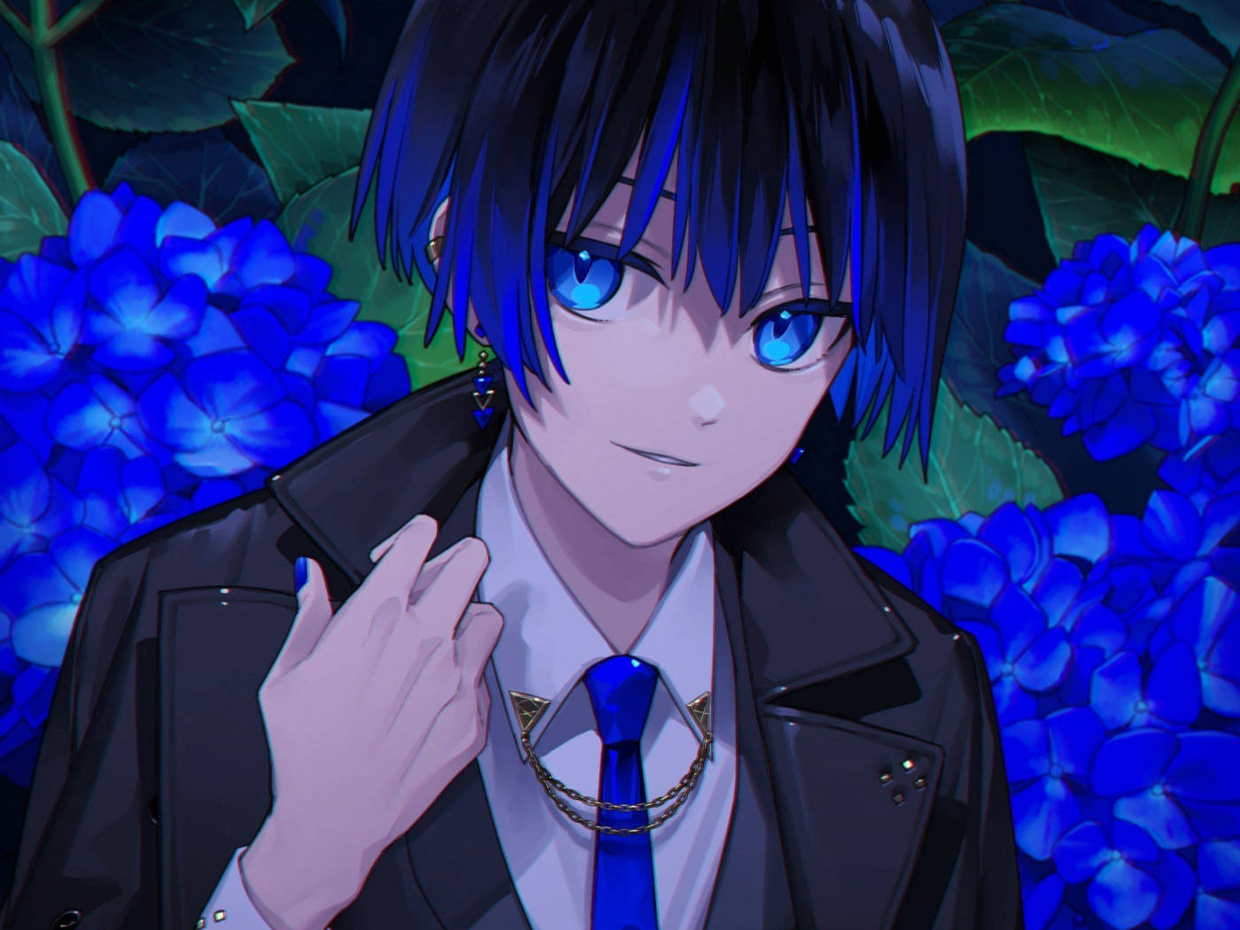 Anime Blue Boy On A Floral Background Background