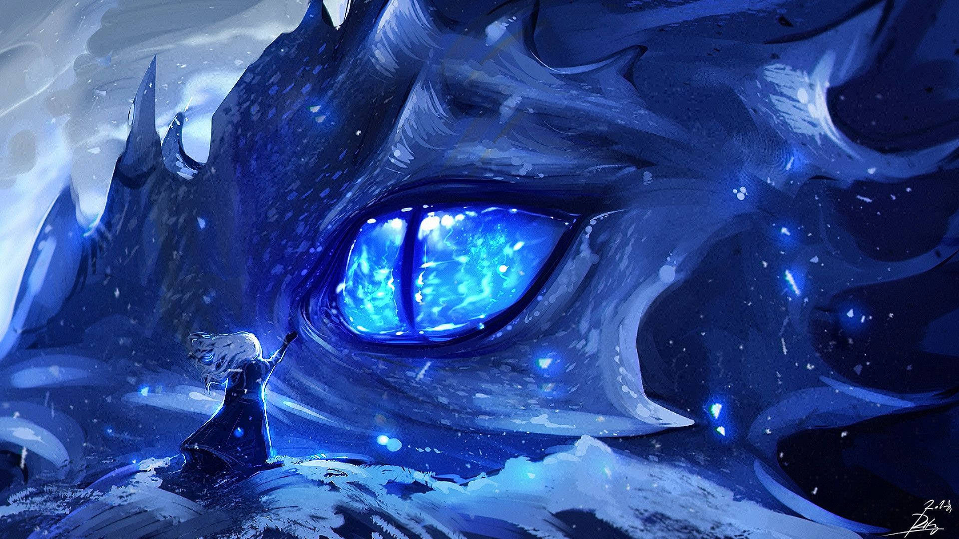 Anime Blue Girl With Dragon Background