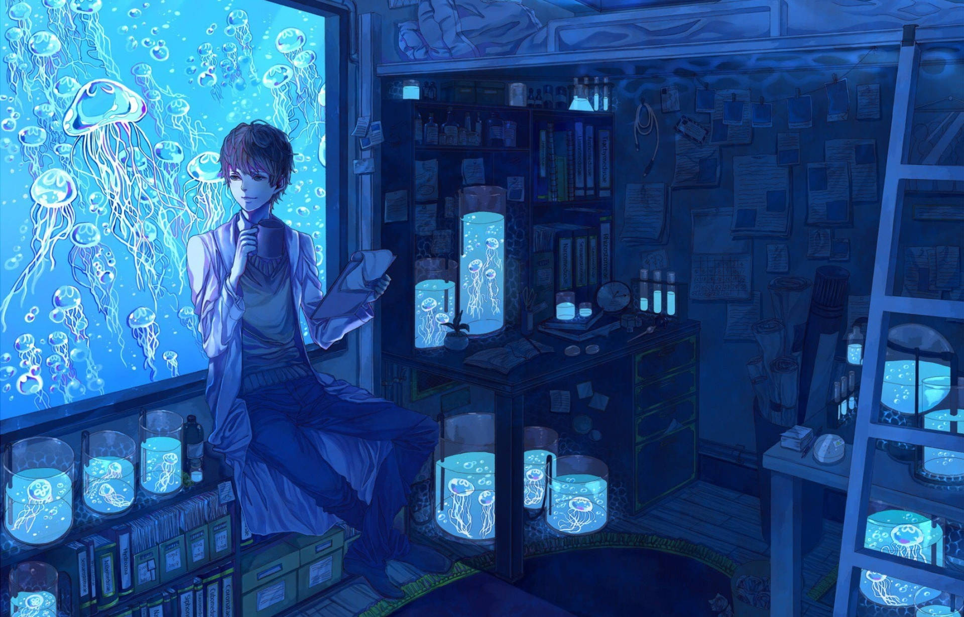 Anime Boy And Jellyfish Aquarium Background