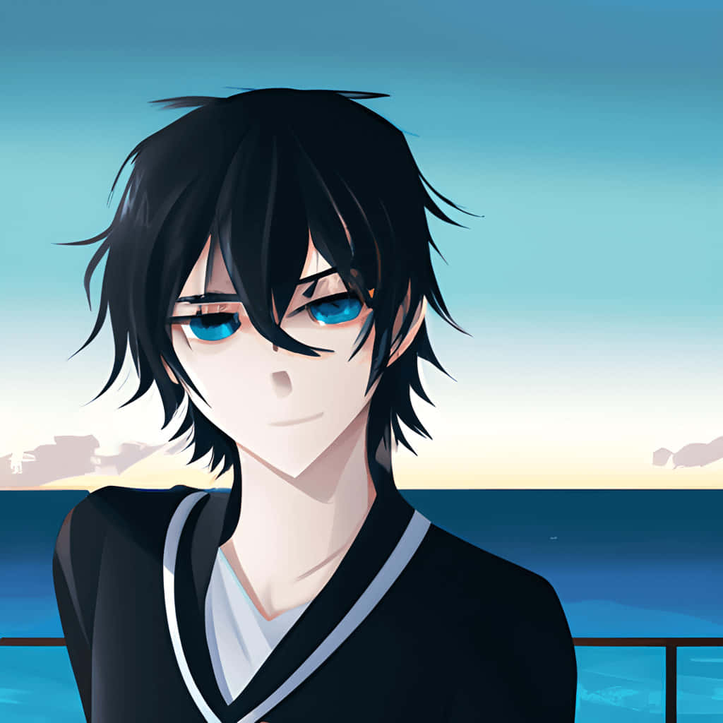 Anime Boy Black Hair Blue Eyes Seaside Backdrop Background