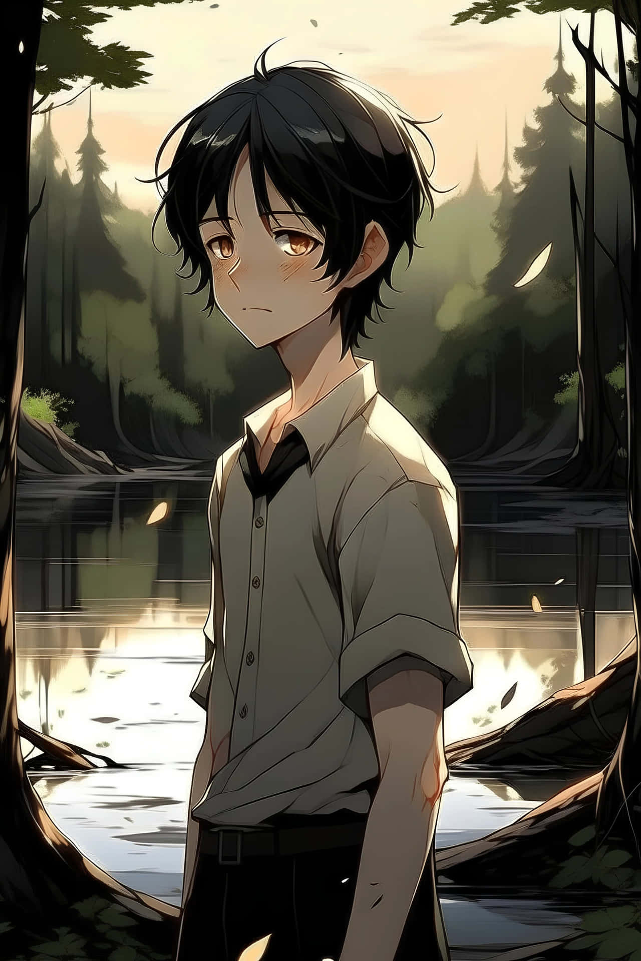Anime Boy Black Hair Forest Backdrop Background