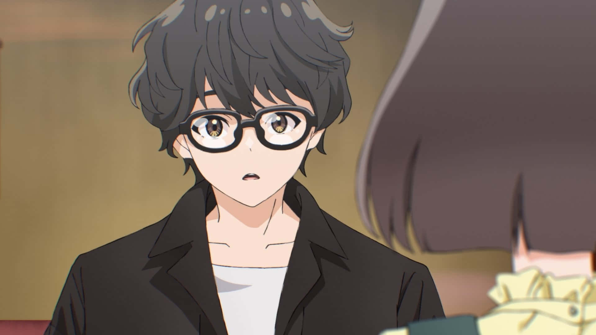 Anime Boy Black Hair Glasses Surprised Expression Background