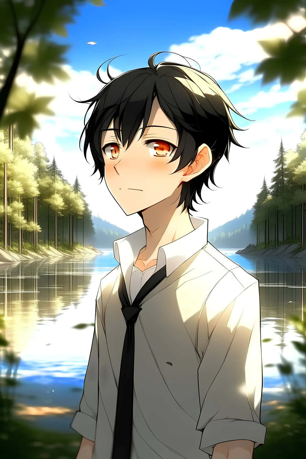 Anime Boy Black Hair Lakeside Portrait