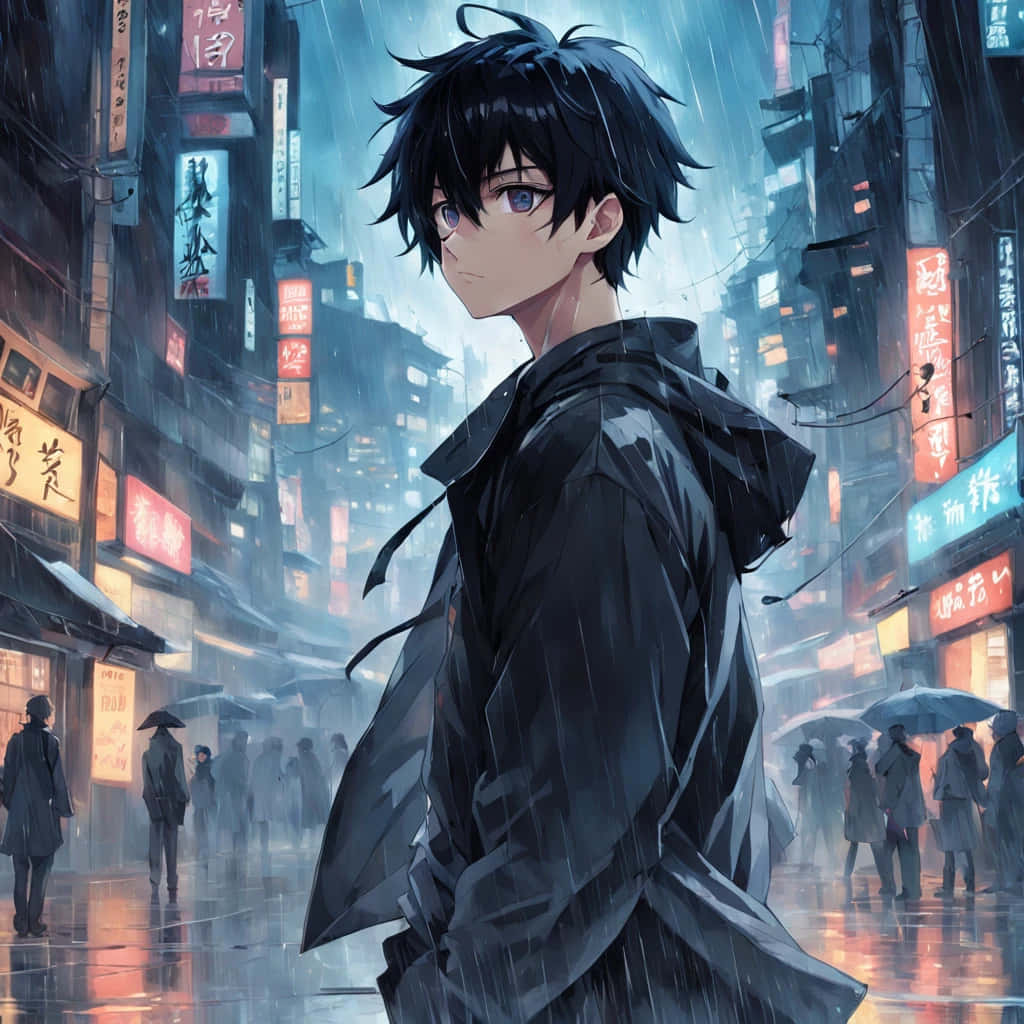 Anime Boy Black Hair Rainy Cityscape Background