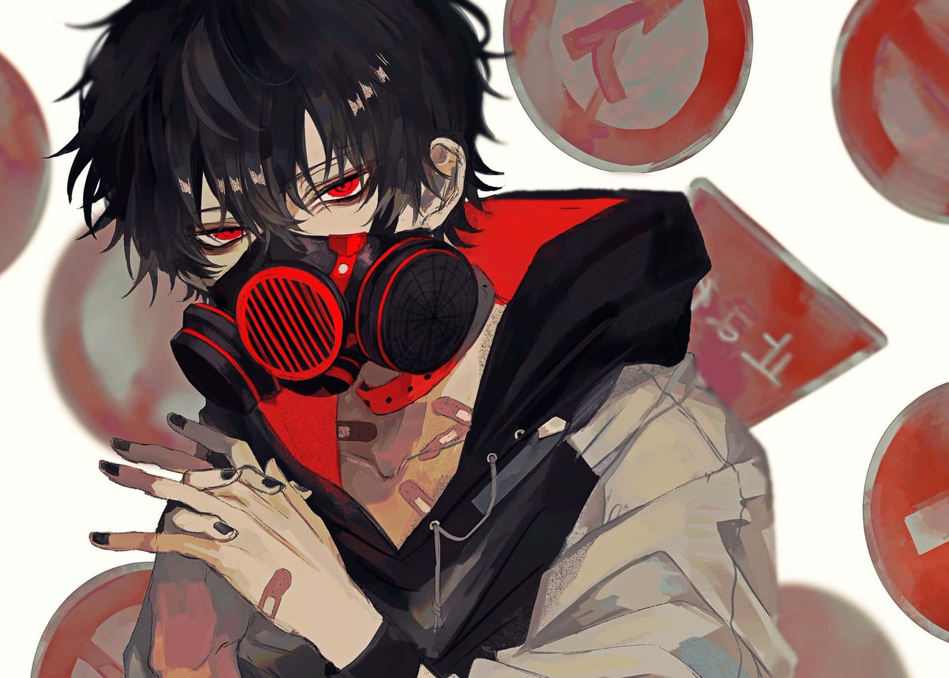 Anime Boy Black Hair Red Headphones Background