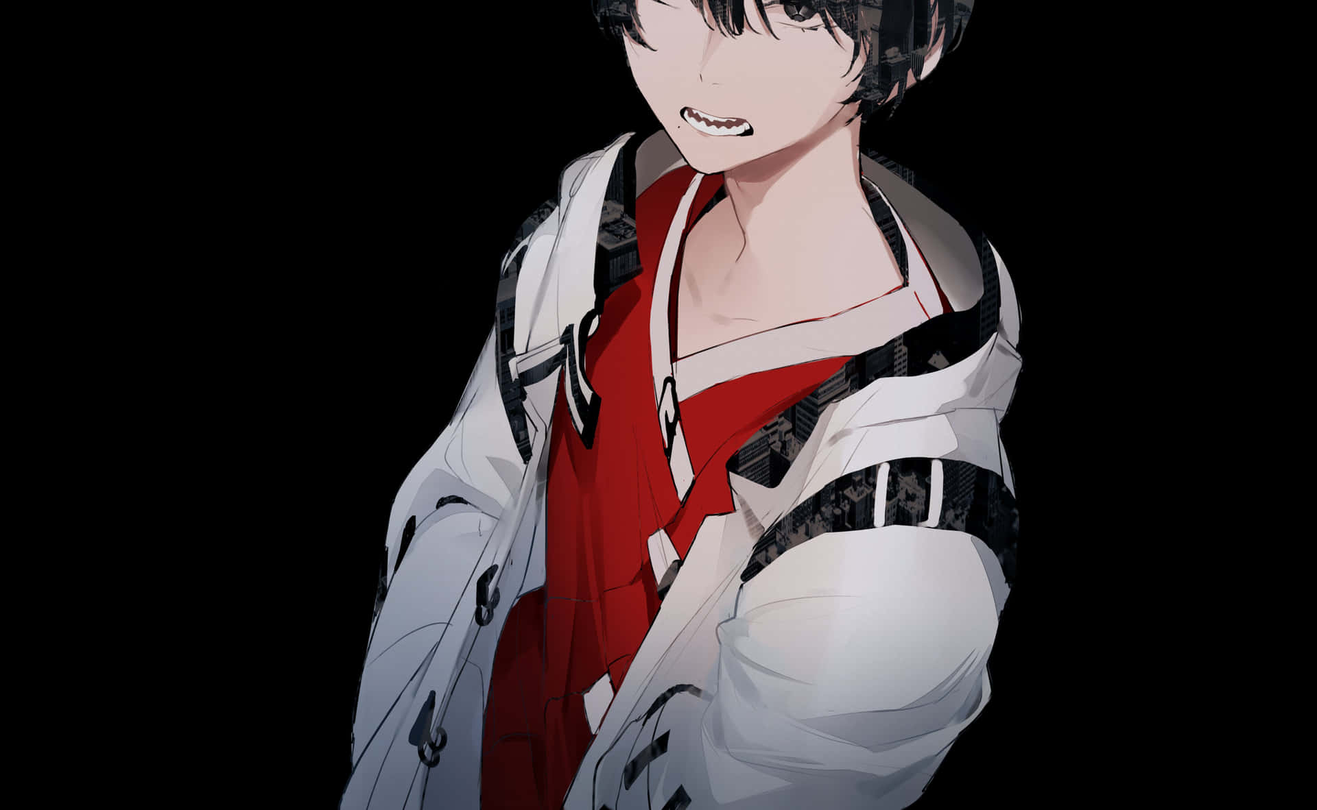 Anime Boy Black Hair Red Shirt Background