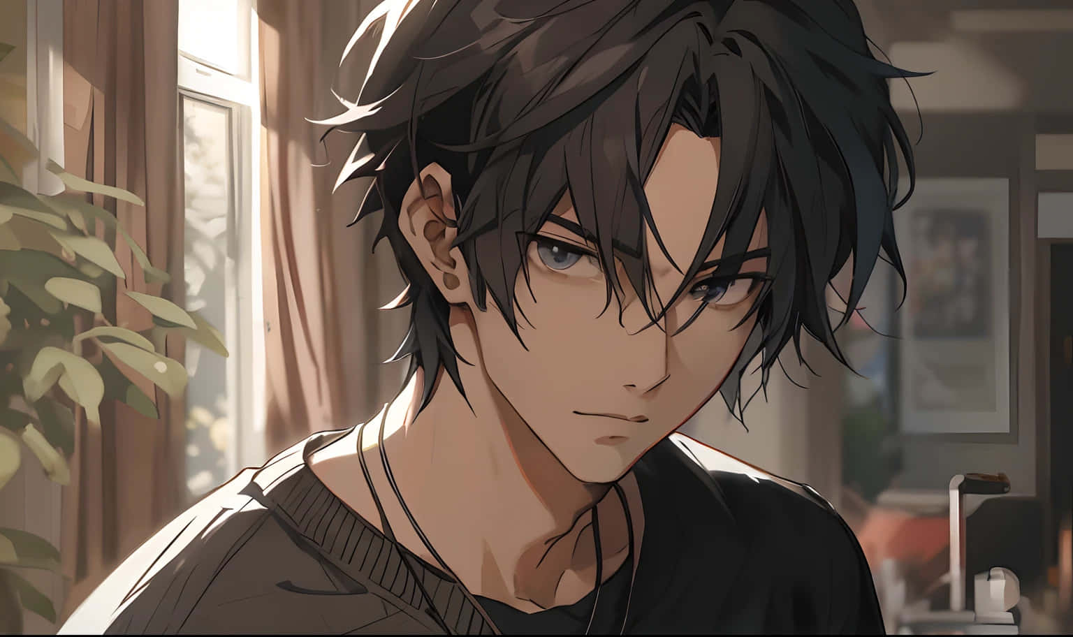 Anime Boy Black Hair Serious Look Background
