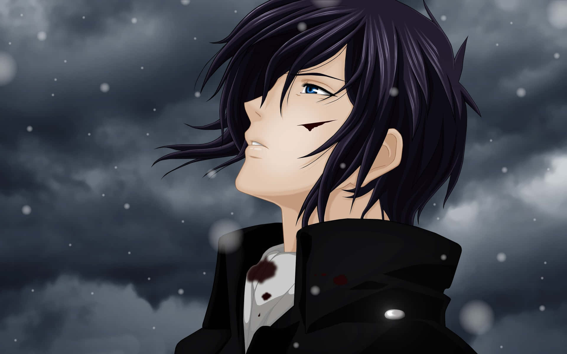 Anime Boy Black Hair Snowy Backdrop Background