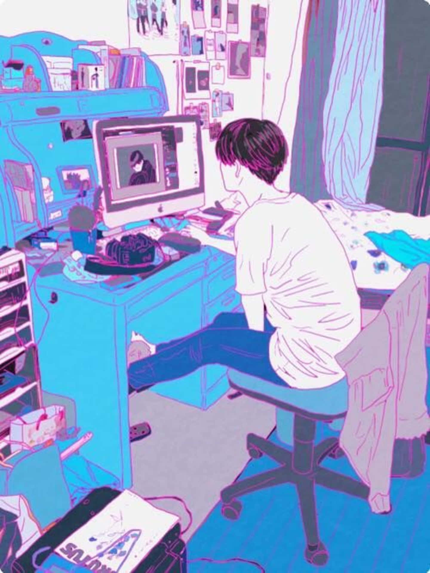 Anime Boy Computering In The City Background