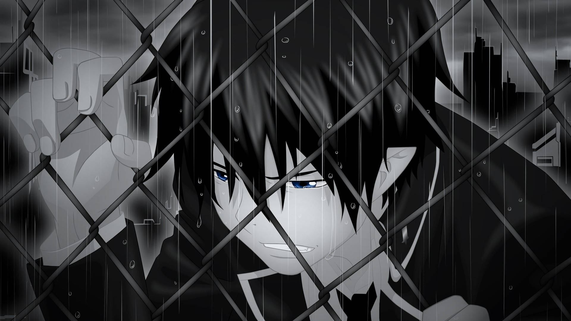 Anime Boy Dark Crying In Rain Background