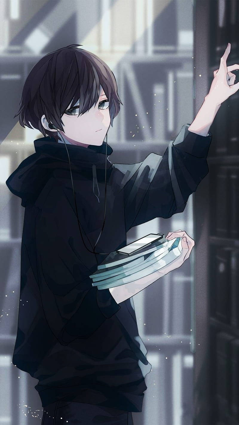 Anime Boy Dark In Library Background