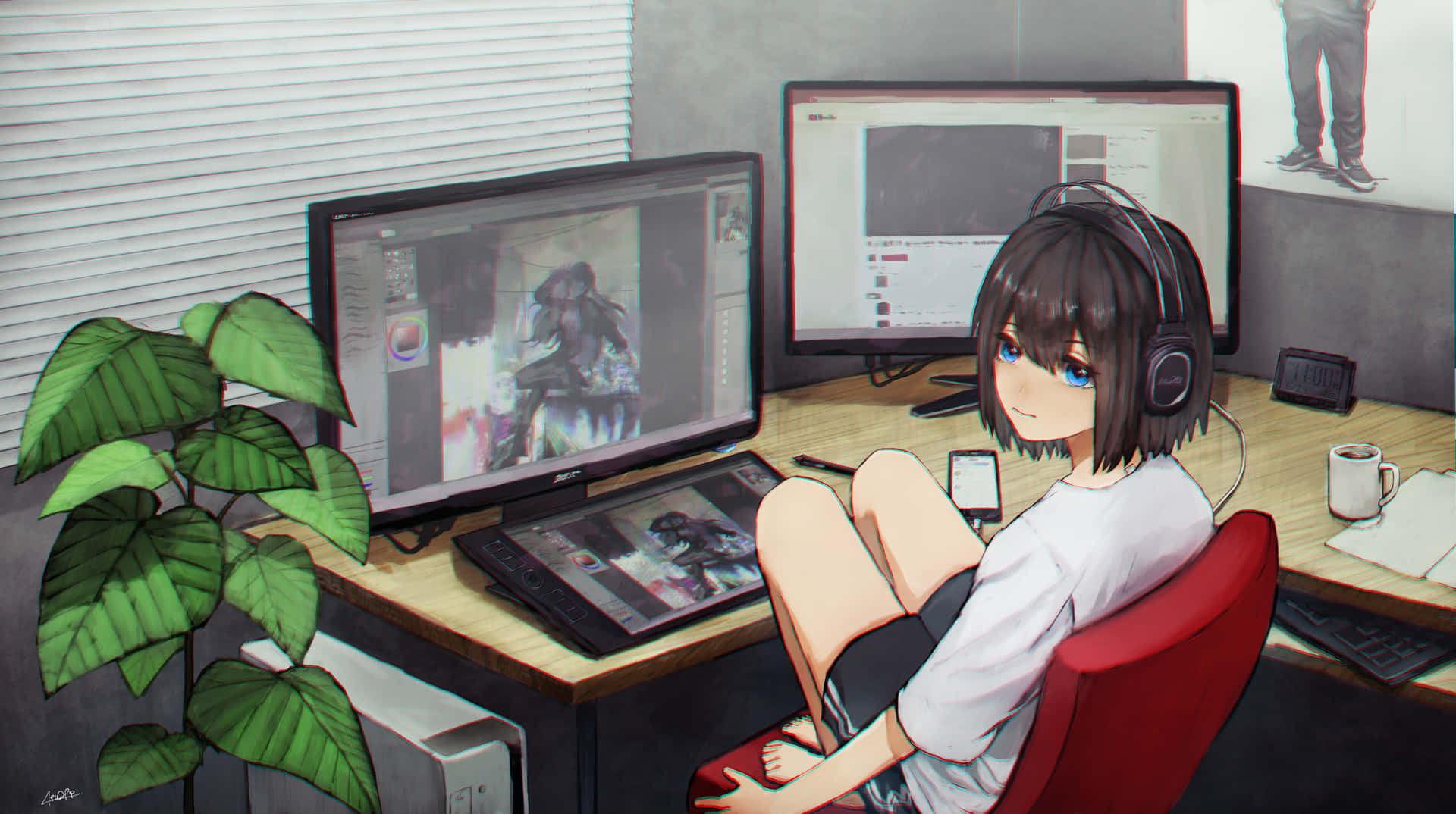 Anime Boy Enjoying A Peaceful Moment With His Computer Background