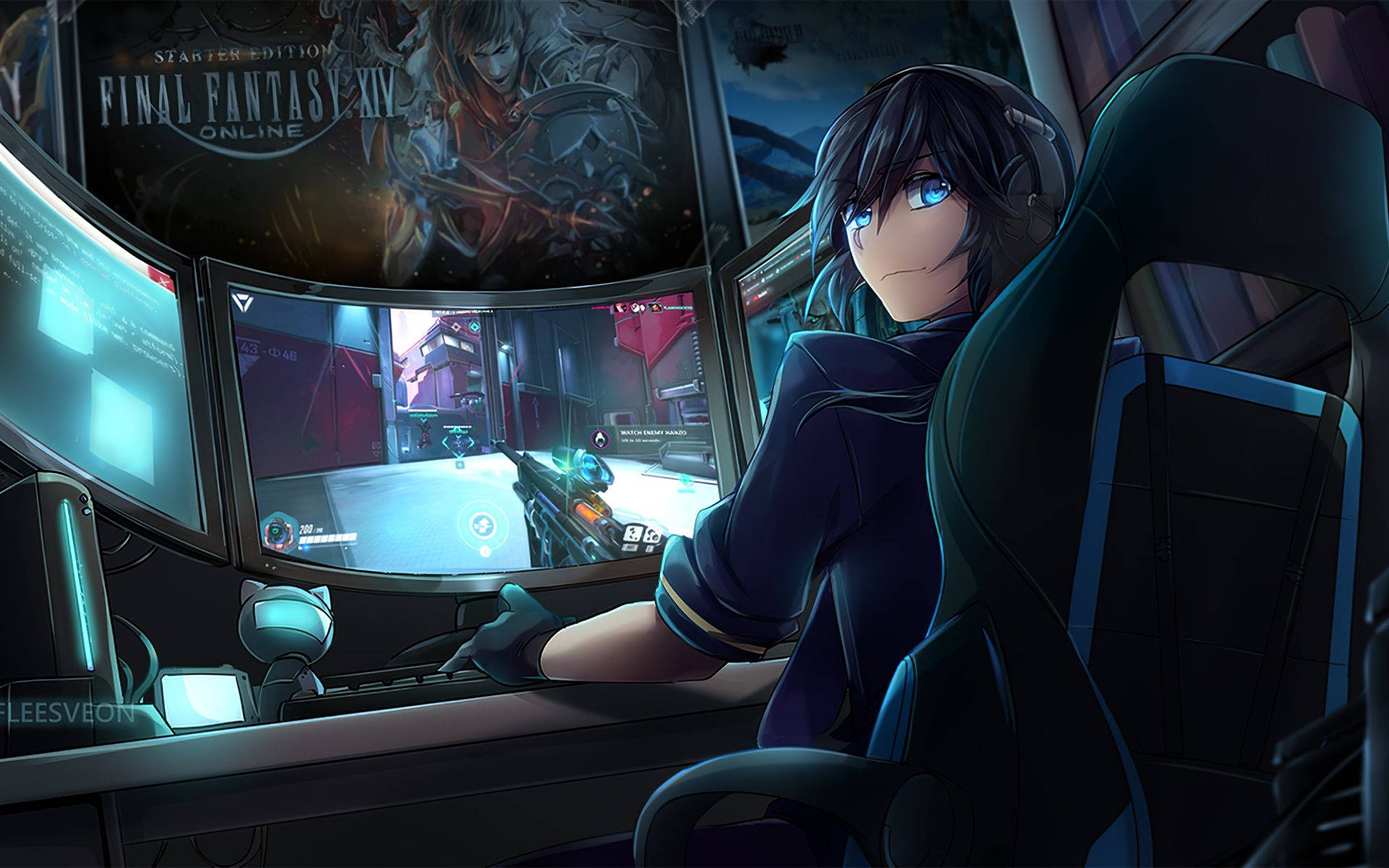 Anime Boy Gaming With Guy Looking Back Background