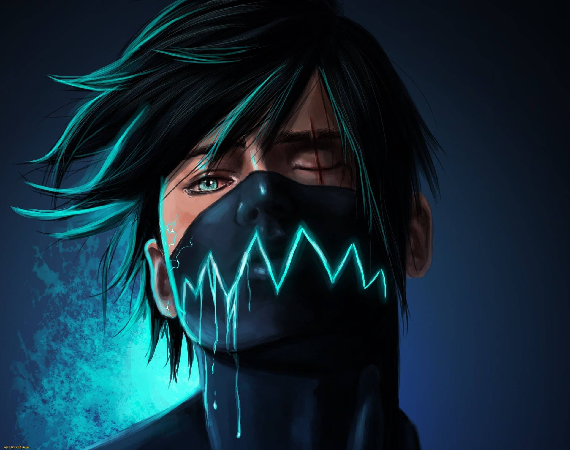 Anime Boy Gaming With Neon Blue Mask Background