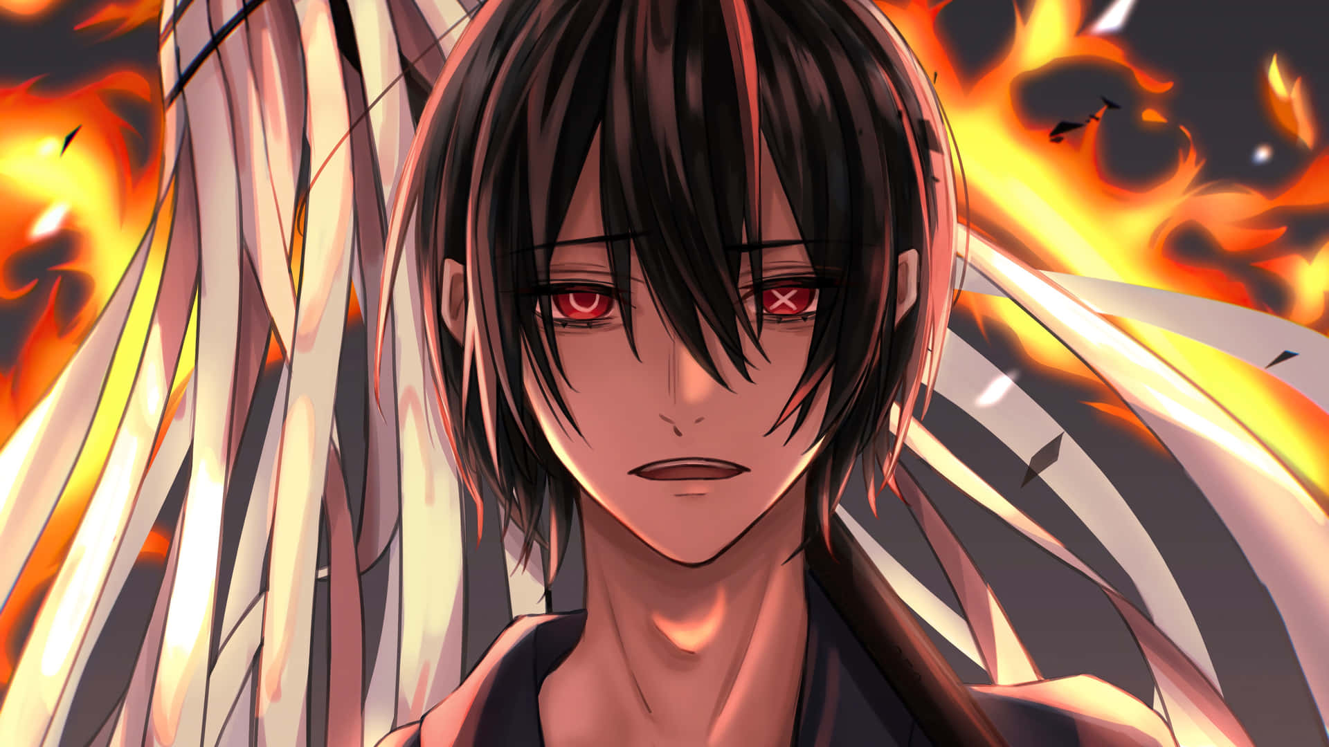 Anime Boy Mouth Open With Fire Background