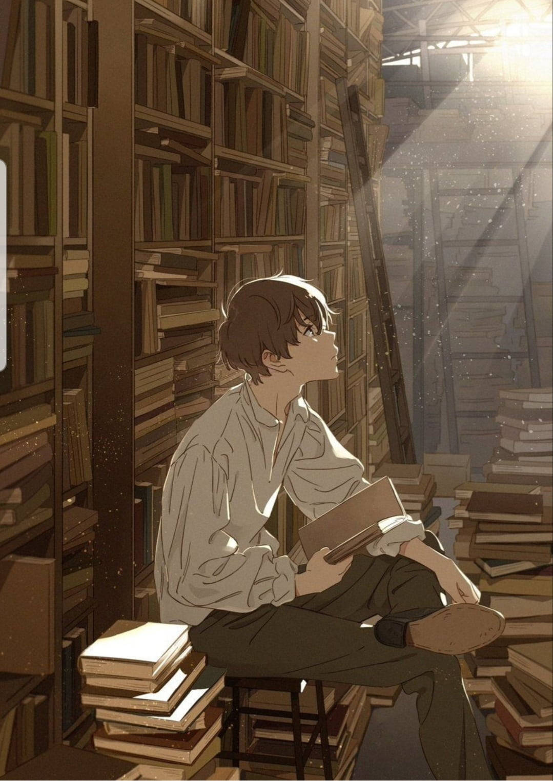Anime Boy On A Dump Of Books Background