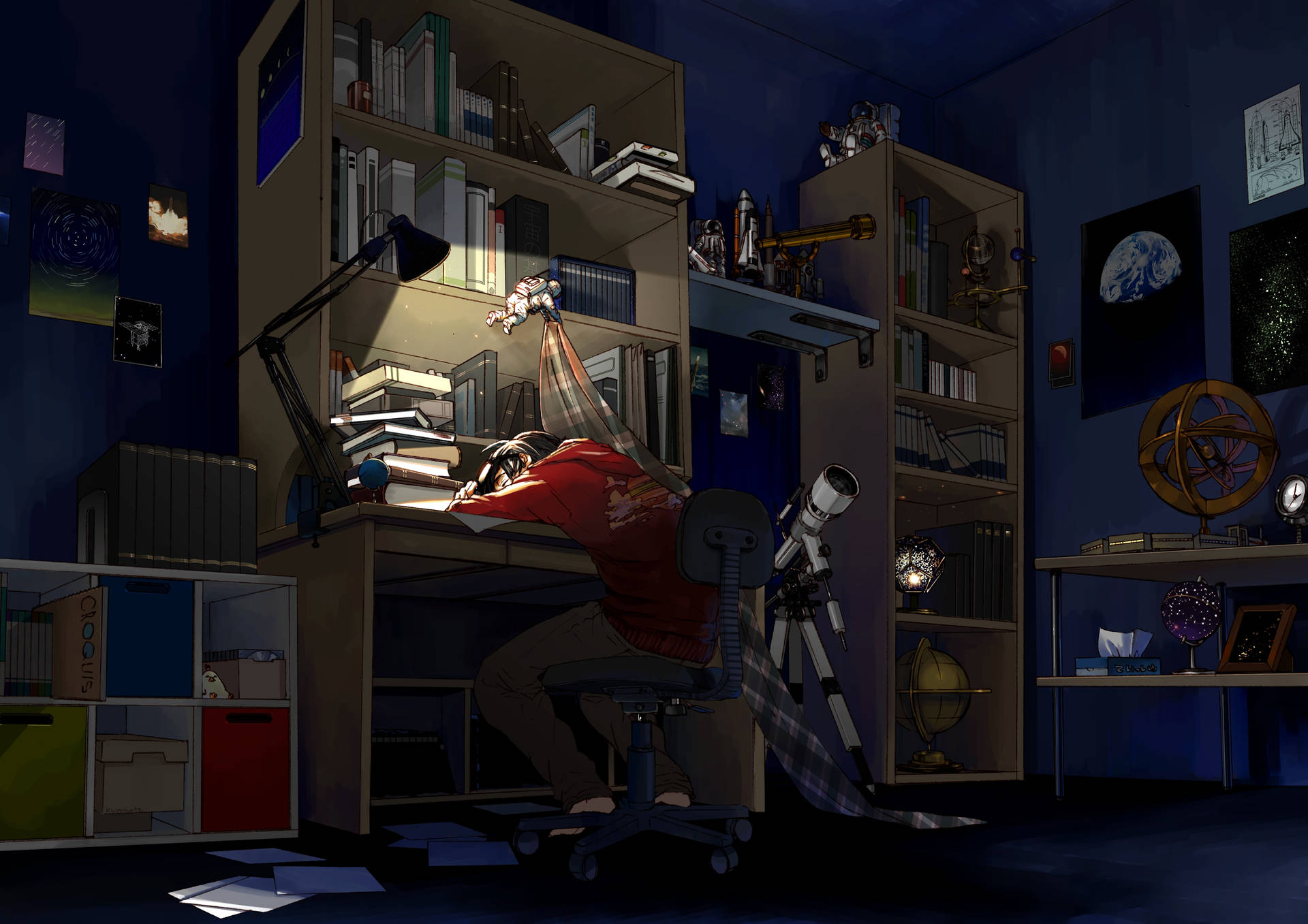 Anime Boy Sleeps On Desk In Bedroom Background