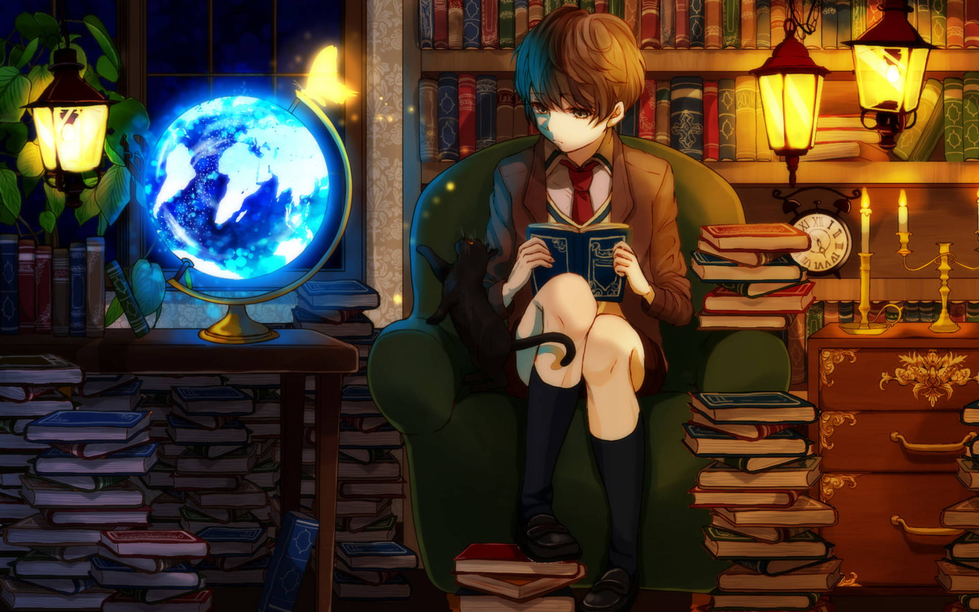 Anime Boy Student Reading Book Background