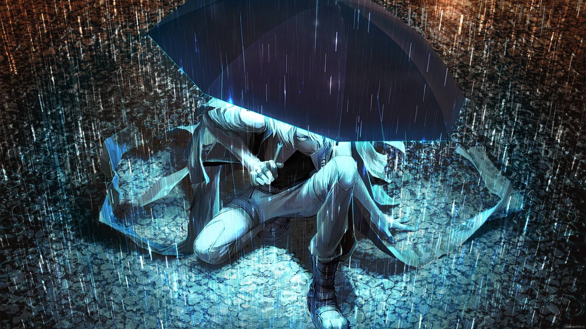 Anime Boy Umbrella Rain Background