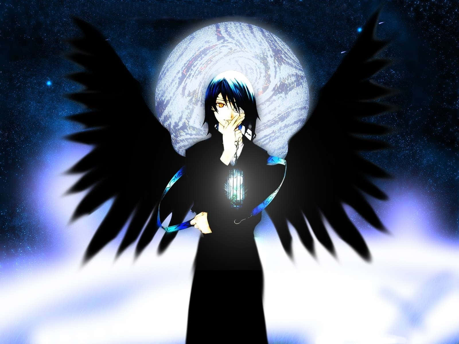 Anime Boy With Black Hairand Wings Background