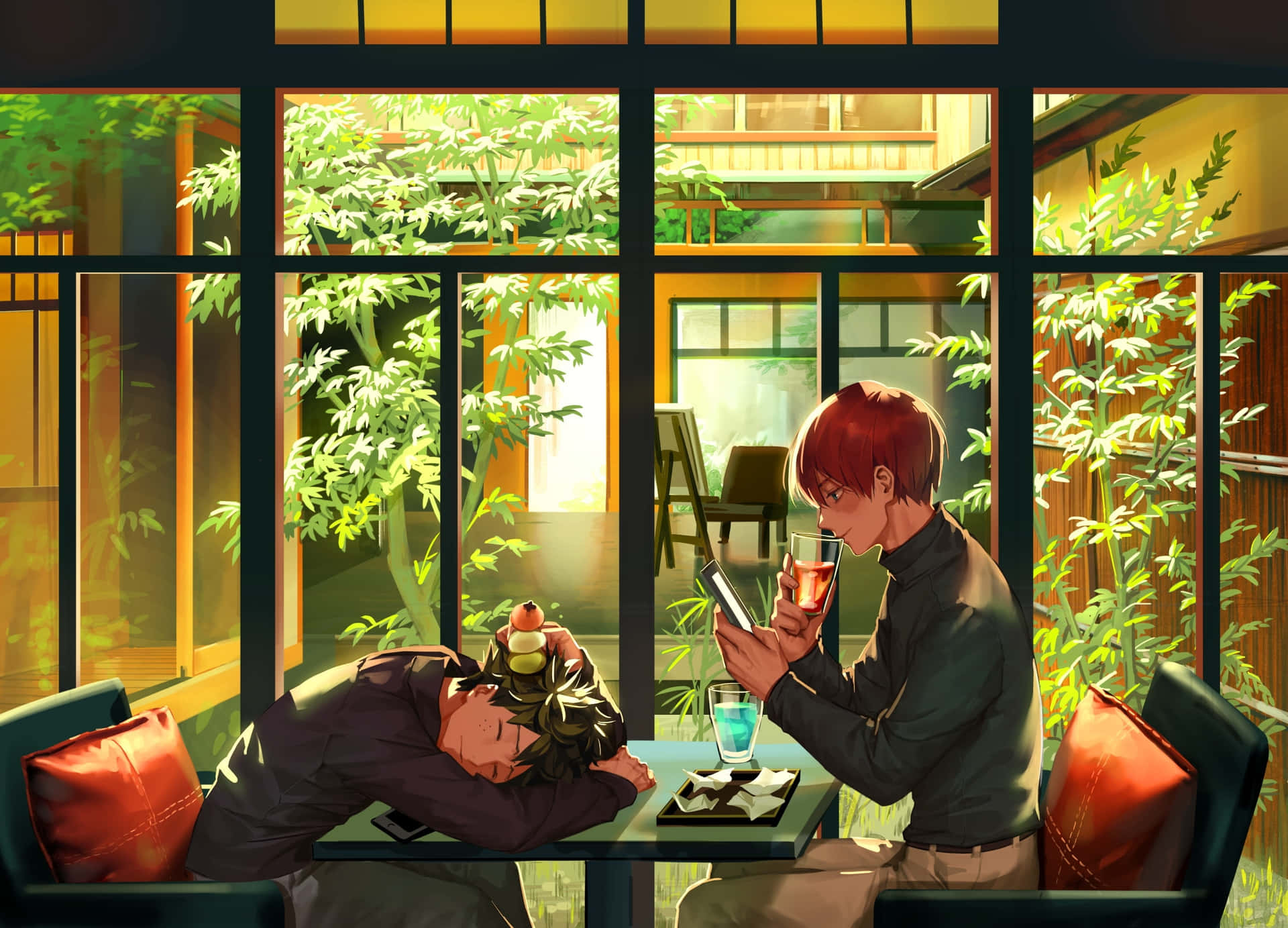 Anime Boys At A Cafe Background